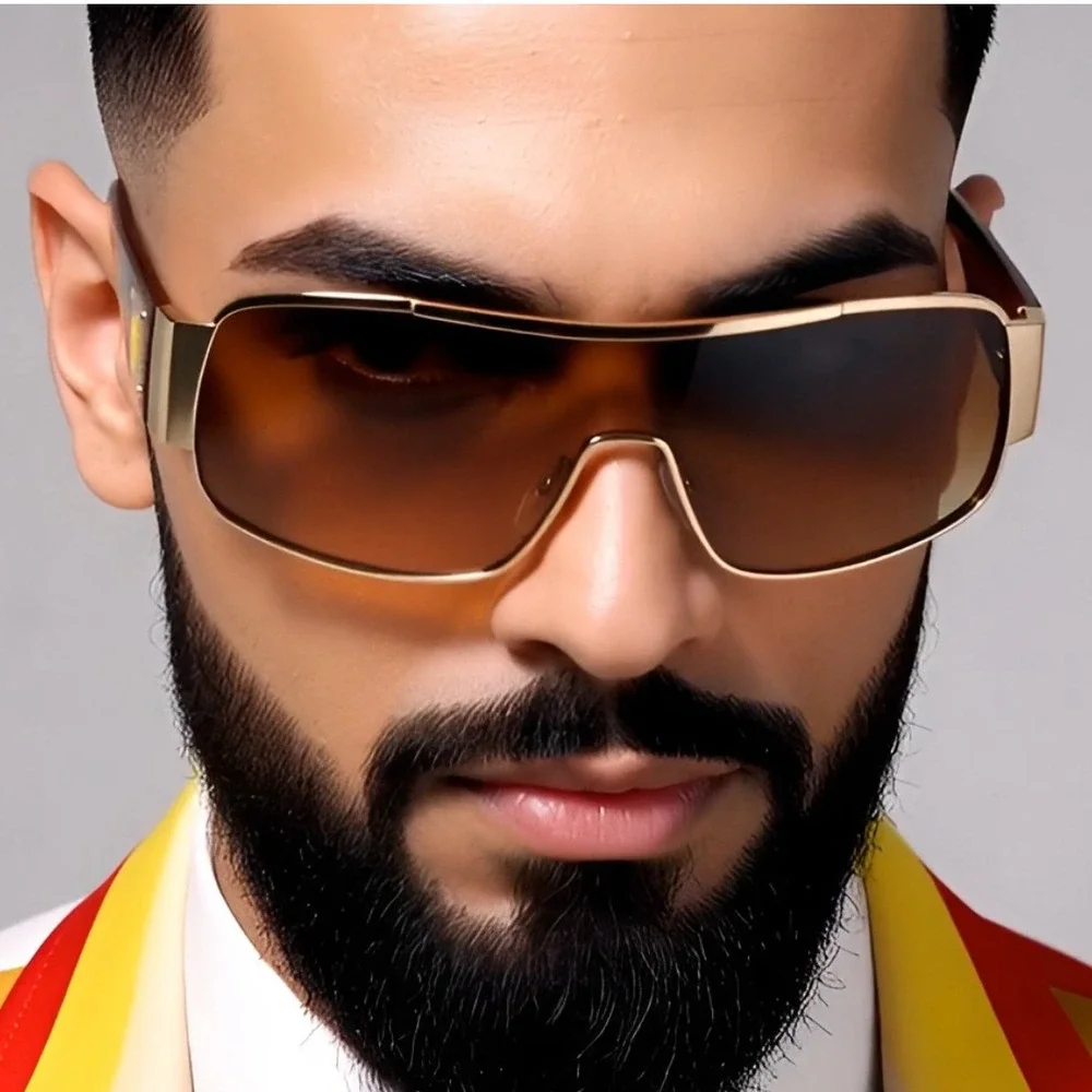 Block Curved One Piece Shield Sunglasses‎ Men's Flat Top Gold Frame Brown Lens